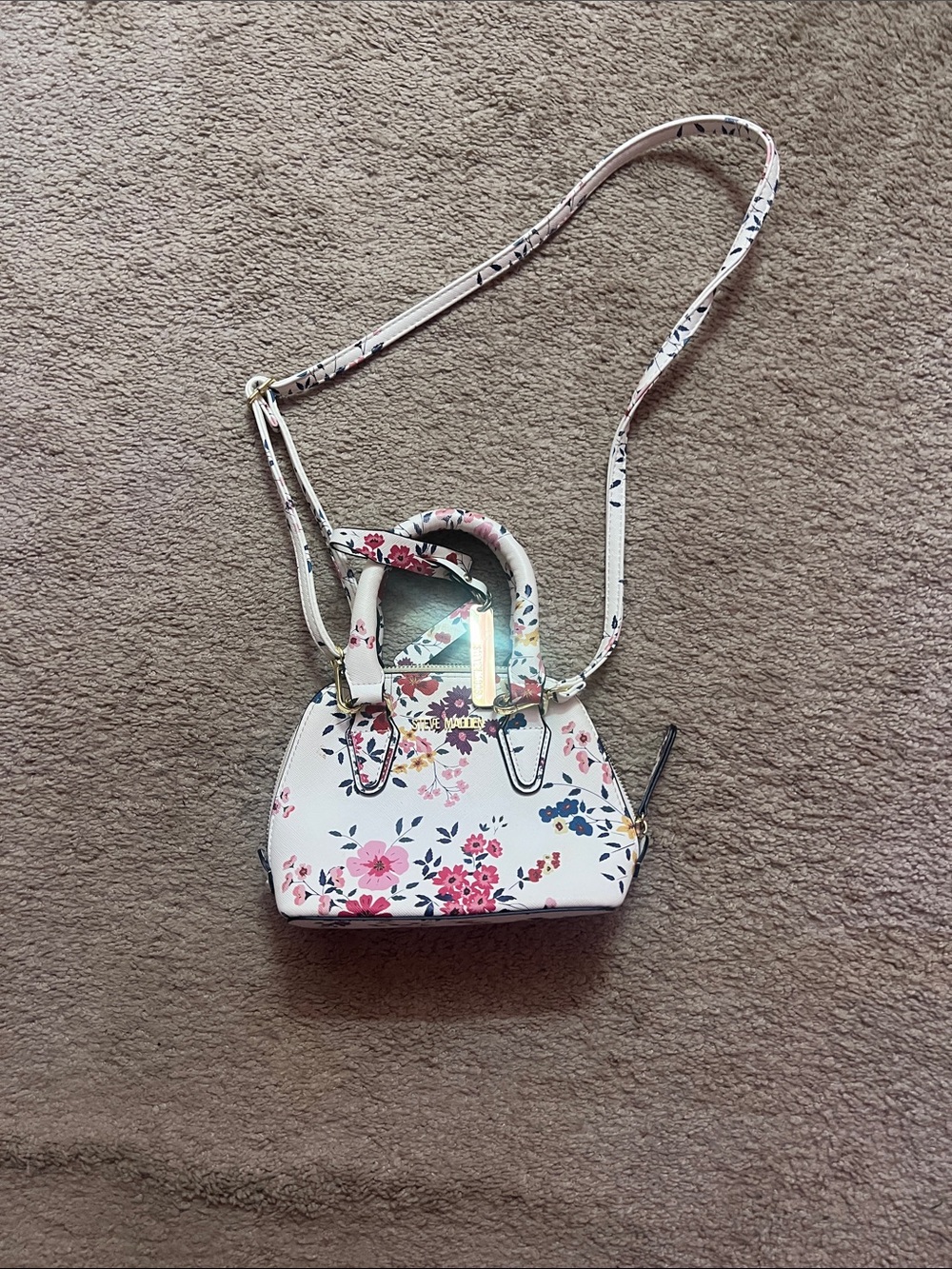 Steve Madden White Floral Mini Satchel with Pink Accents